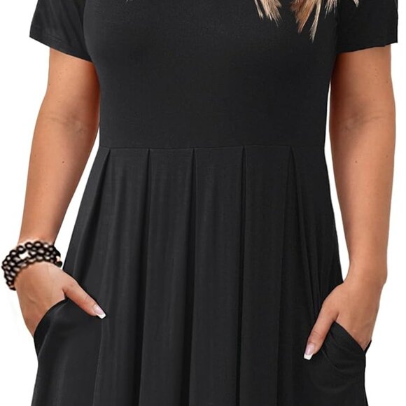 Dresses & Skirts - Women's Plus Size Short Sleeve Pleated Swing Dress with Pockets Casual